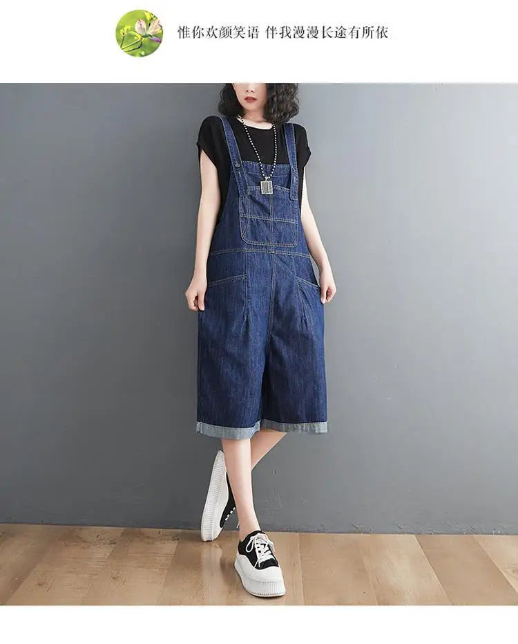 Summer Denim Straps Shorts Jeans Overalls Women Korean Wide Leg Jumpsuits Female Suspender Rompers Casual Conjoined Fifth Pants