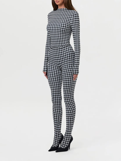 Women's fashionable printed high neck long sleeved sexy high waist slim fit jumpsuit