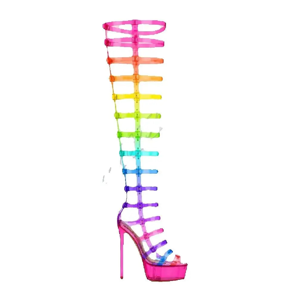 Fashion Women Colorful Rainbow Thigh High Boots Open Peep Toe Ultra‑High Platform Stiletto Heel Multi‑Adjustable Buckle Shoes