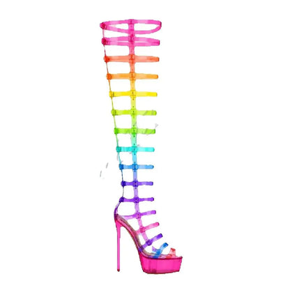 Fashion Women Colorful Rainbow Thigh High Boots Open Peep Toe Ultra‑High Platform Stiletto Heel Multi‑Adjustable Buckle Shoes