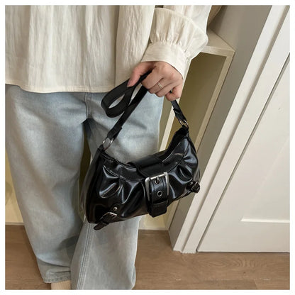 Fashion Pleated Lock Design Women's PU Shoulder Bags Simple Solid Color Ladies Underarm Bag Portable Cool Girls Phone Handbag