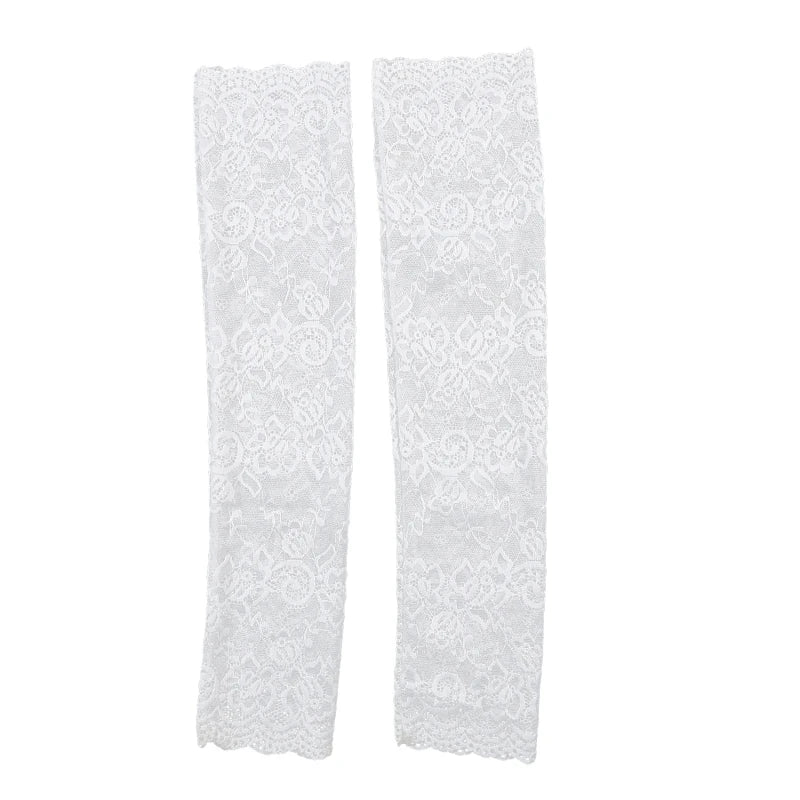 Women Summer Ice Silk Lace Arm Sleeve Elastic Sleeve Driving Gloves Black White Long Fingerless Mittens Sunscreen Gloves
