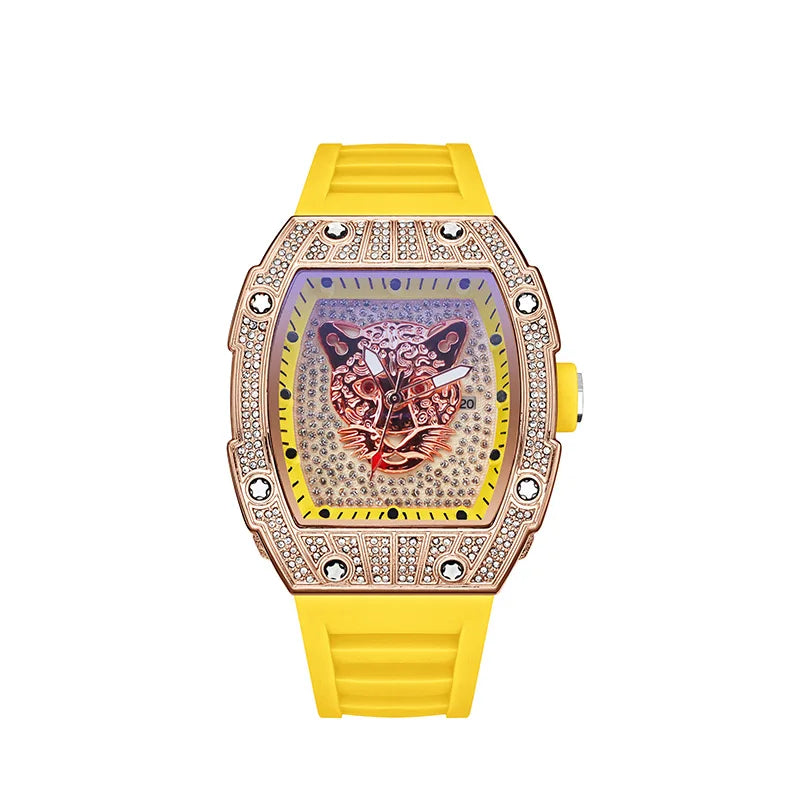 Tonneau Hollow Diamond Leopard Dial Quartz Watch Men Luxury Luminous Fashion Waterproof Rubber Sport Watches Men Steel Men Clock