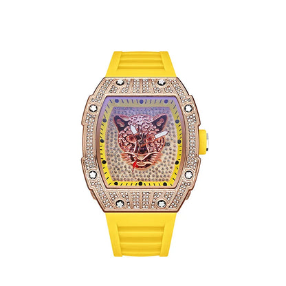 Tonneau Hollow Diamond Leopard Dial Quartz Watch Men Luxury Luminous Fashion Waterproof Rubber Sport Watches Men Steel Men Clock