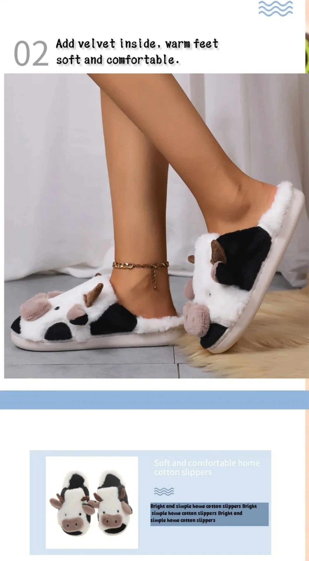 Shevalues Plush Cartoon Milk Cow Slippers Winter Women Slippers Furry Non-Slips Women Cotton Slides Couples Soft Cozy Flat Shoes