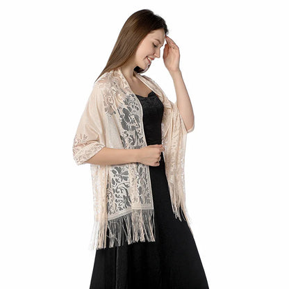 Korean Women Summer Thin Hollow Flower Long Tassel Party Cloak Sunscreen Shawl Sun Clothing Travel Towel Lace Evening Dress Scar
