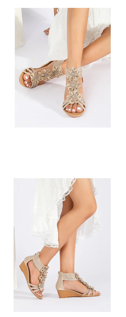 High quality leather flat sandals for women 5cm mid heel flower summer 2026 36 42 open toe casual beach shoe blue pink brown