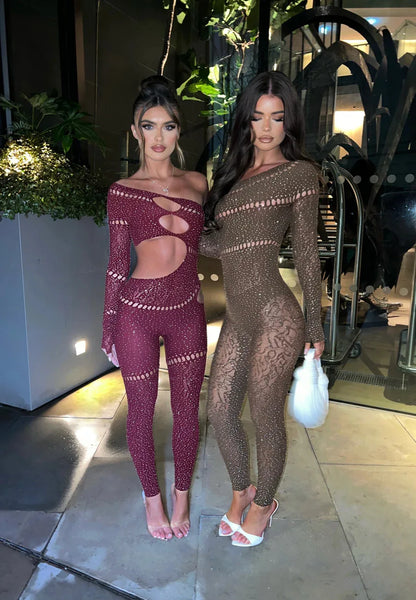 FAGADOER Spring Summer New Sexy Jumpsuits Women See Through Hollow Out Rhinestone Patchwork Rompers Female Streetwear Overalls