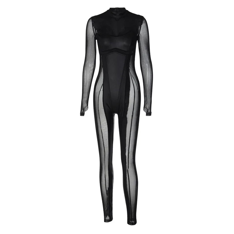 Black Mesh Sheer Bodycon Jumpsuit for Women 2024 Sexy Clubbing Outfits Gothic Punk Black One Piece Techwear C70-EC27
