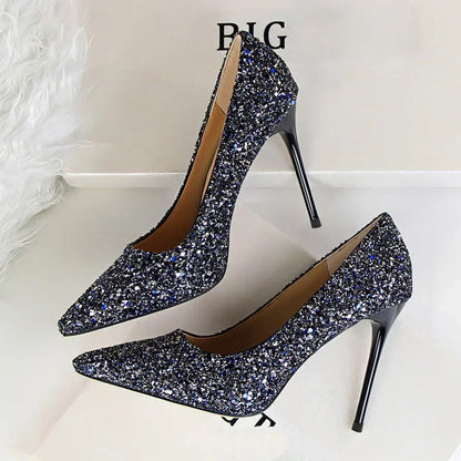 Women Luxury Bling Red  Blue Valentine Party Scarpins Pumps Lady Glitter Sequins 7cm 9.5cm High Heels Designer Shoes Plus Size