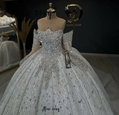 White Off Shoulder Strapless Wedding Gowns Shiny Diamonds Long Sleeves Bridal Dress Plus Size Customized Dubai vestido de novia