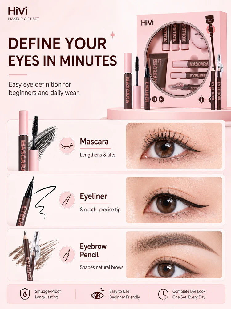 9PCS Makeup Gift Set for Women, All-in-One Lipstick Mascara Eyeliner BB Cream Powder Compact, Travel Beauty Kit for Beginners