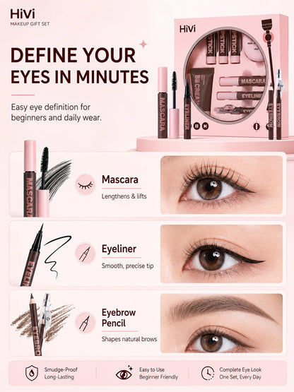 9PCS Makeup Gift Set for Women, All-in-One Lipstick Mascara Eyeliner BB Cream Powder Compact, Travel Beauty Kit for Beginners
