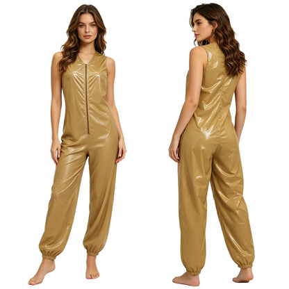 Womens Glossy Lantern Pants Overalls Jumpsuit V-neck Zipper-up Adaptive Rompers Leg Opening Waterproof Diaper Cover Bodysuit