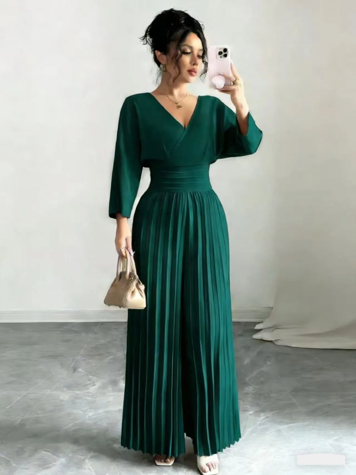 Pleated High Waist Wide Leg Capri Jumpsuits 2026 Trend V Neck Wrap Elegant Women's Palazzos White Three Quarter Long Romper