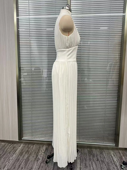 Sexy Deep V Neck Hollow Zip Jumpsuit Women's Spring Solid High Waist Wide Leg Romper Summer Sleeveless Pleated Vacation Overalls