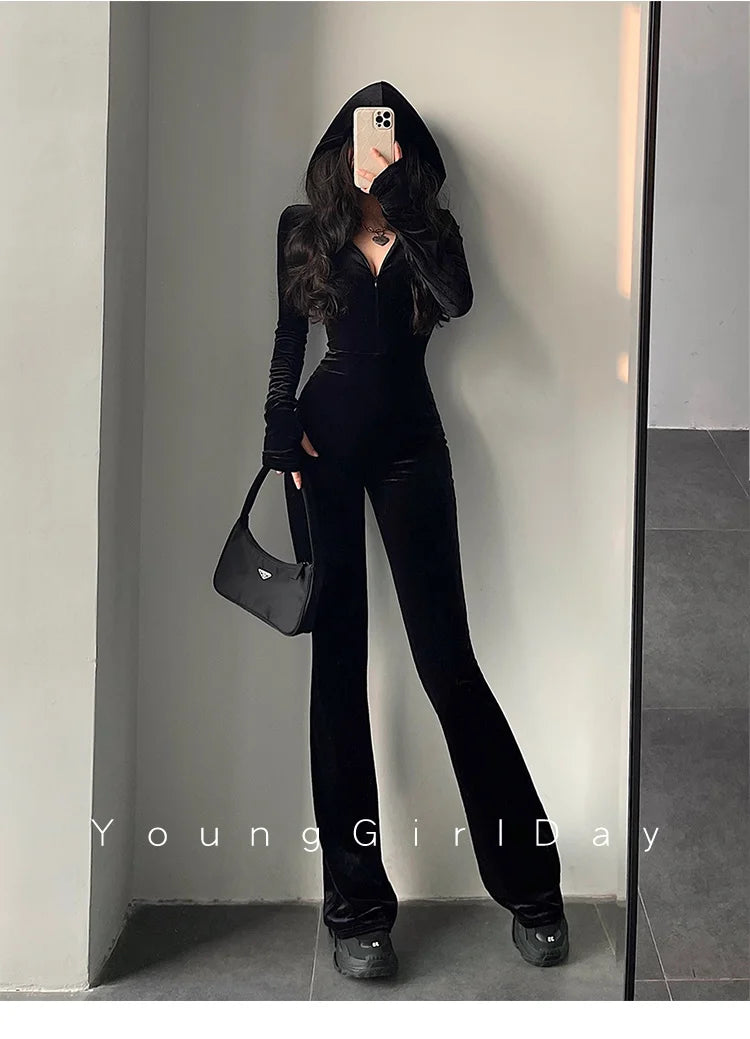 WOMENGAGA Fashion Black Velvet Slim Hooded Zipper Long Sleeve Flare Pants Jumpsuit Rompers Korean Sexy Hot Tops 2022 9P64