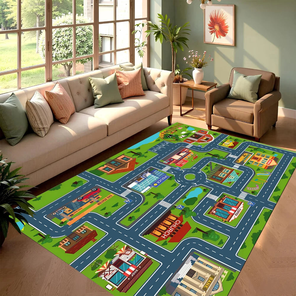 Dynamic Racing Track Game Carpet Race Circuit Area Rug Non Slip Floor Mat for Kids Room Playroom Home Decoration Bedroom Decor
