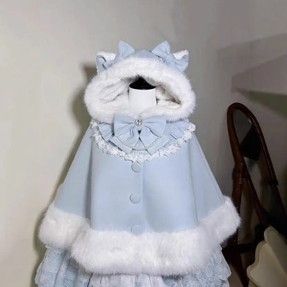Winter  New Lolita Shawl Overcoat Women Design Bow Hooded Patchwork Kawaii Cope Coat Female Warm Chic Sweet Fur Collar Coat