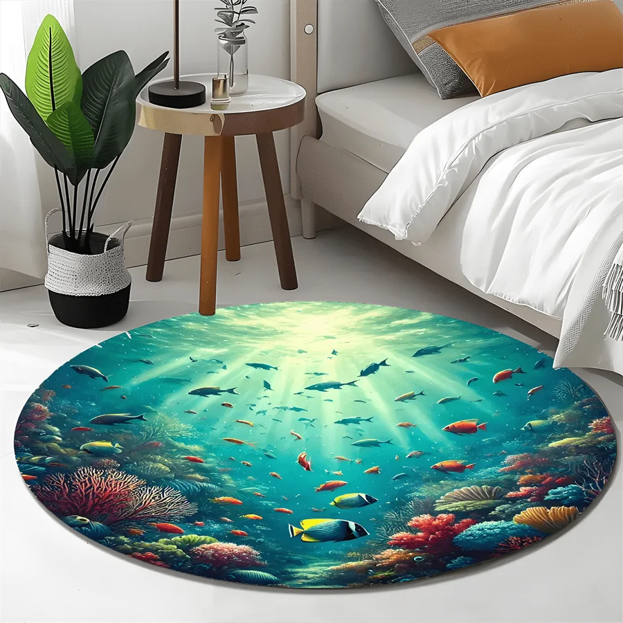 Underwater Coral Reef Fish Round Rug Ocean Marine Life Decor Soft Flannel Living Room Bedroom Bathroom Floor Mat Carpet