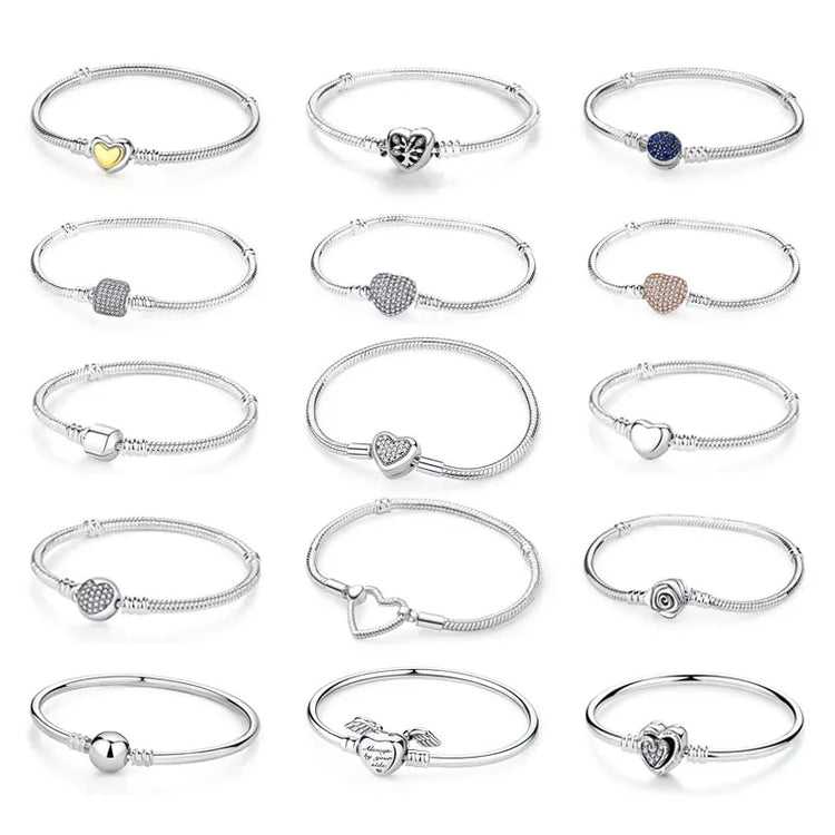Original 925 Sterling Silver Bracelets Bangles Love Heart Clip Charms Beads Snake Chains For Women Rose Gold DIY Luxury Jewelry