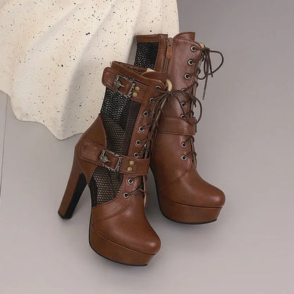 2025 New Lace-up Mesh Summer Boots Women Sexy High Heels Platform Sandals Large Size Women's Custom Boots Female Shoes