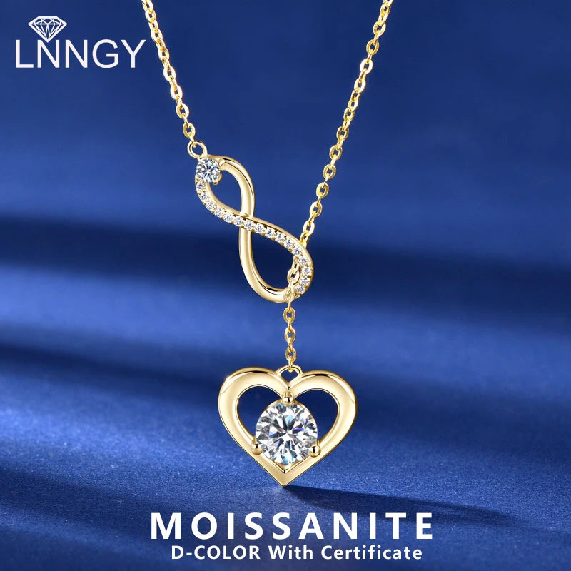 Lnngy 925 Sterling Silver Y-Shaped Heart Pendant Necklaces For Women Certified 6.5mm&2.5mm&1mm Moissanite Necklace Jewelry Gift