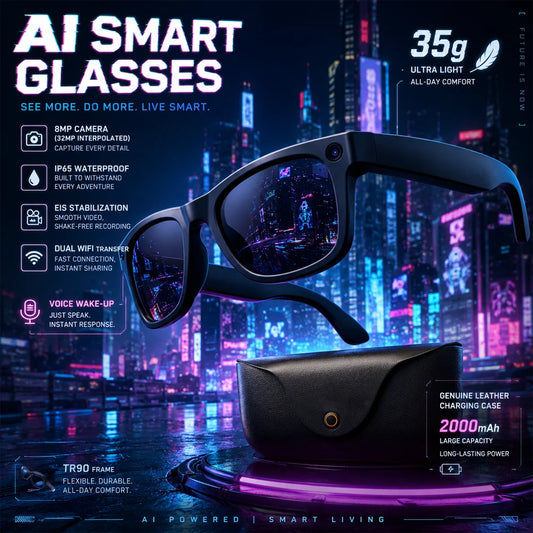 2026 Smart Glasses Genuine Leather 8MP HD Lens 2000Mah Charging Case BT Call 3D Music AI Voice Wake-up AI Translation
