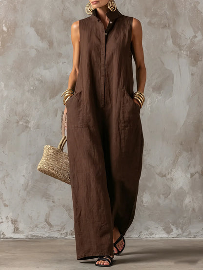 Women Linen Sleeveless Jumpsuit Stand Collar Button Down Wide Leg Long Romper Casual Loose Pockets Vacation Overalls