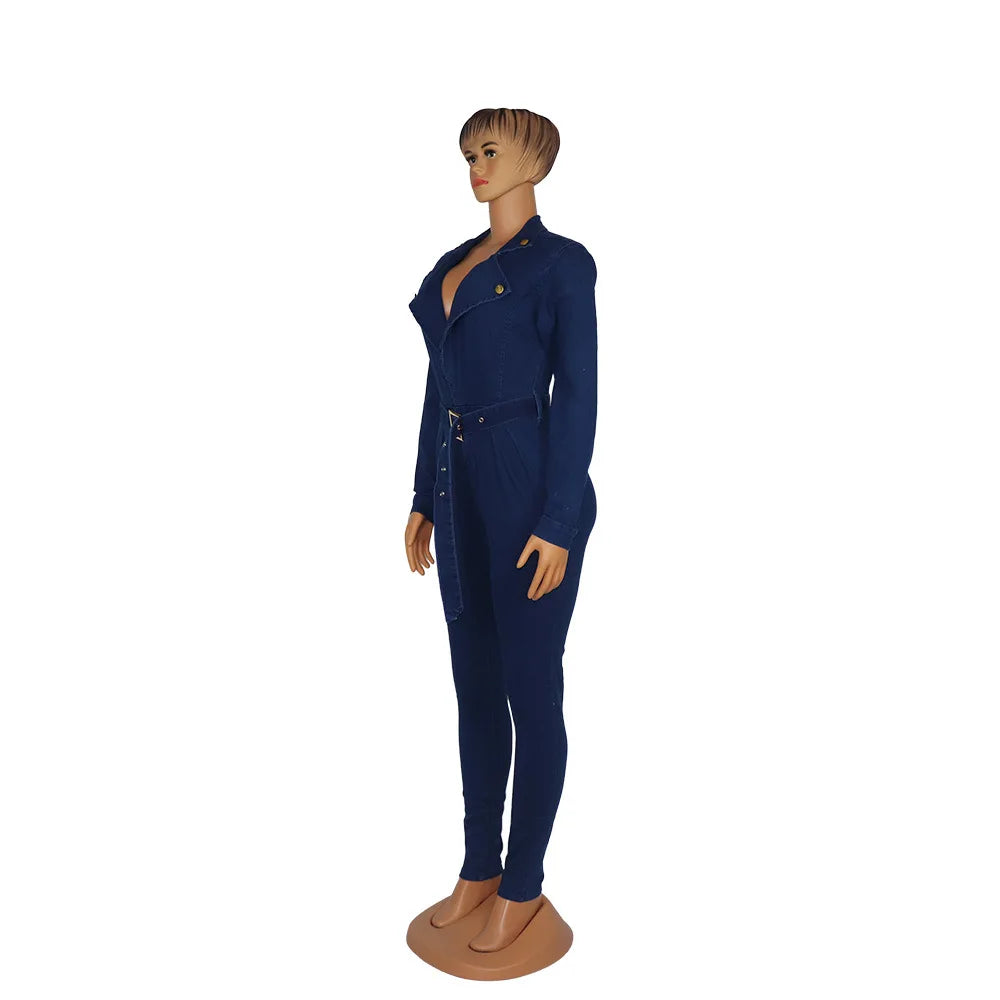 Washed Denim Jumpsuits V Neck Sashes Overalls Jean Solid Pencil Pants Sheath Jeans Pockets Spliced Sexy Slim High Street