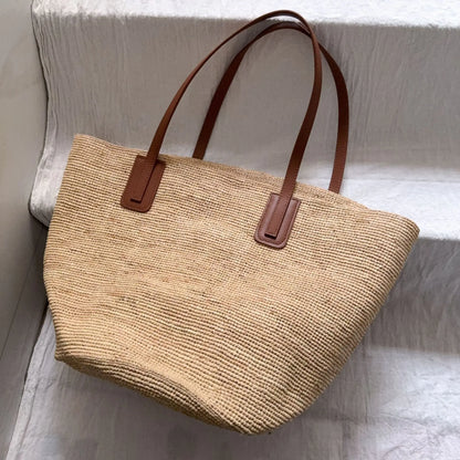 Casual Straw Tote Bag Designer Letters Large Capacity Women Handbags Handmade Woven Summer Beach Bag Commuter Shopping Purses