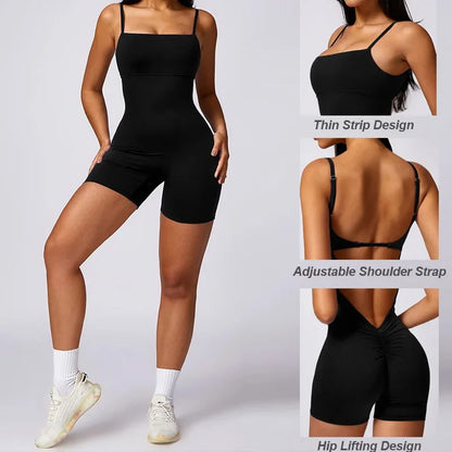 One-Pieces Fitness Overalls Women's Gym Jumpsuits with Shorts Scrunch Butt Sports Rompers High Elastic Backless Workout Clothes