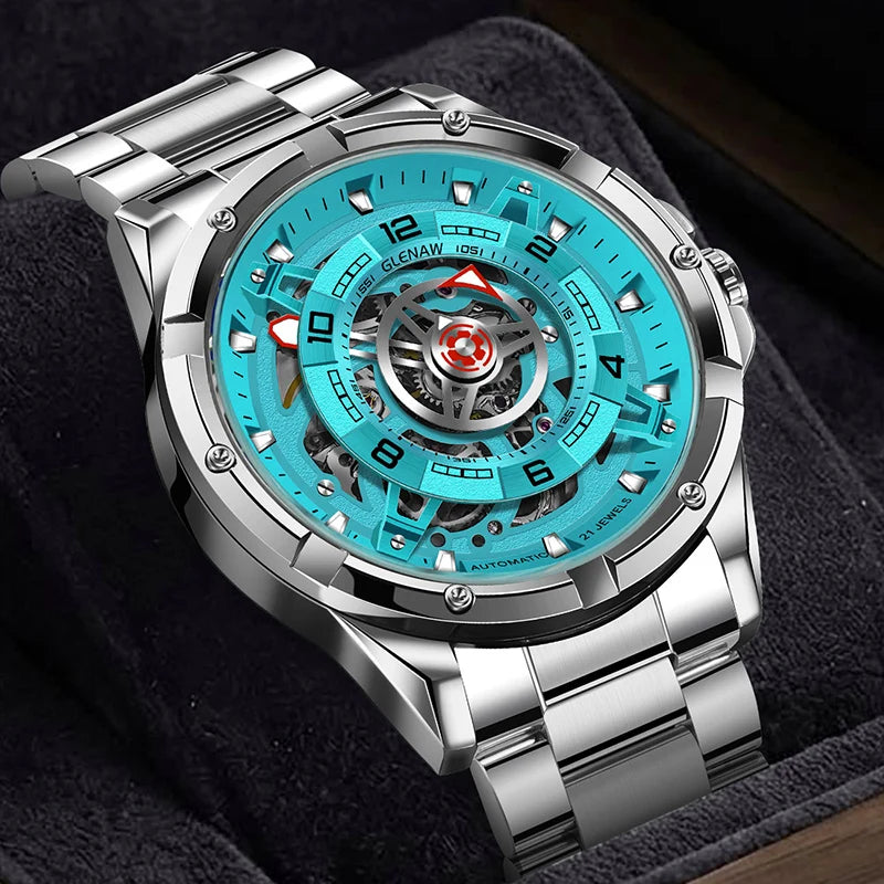 GLENAW Men Mechanical Watches Casual Outdoor Wristwatch Men Top Luxury Automatic Hollowed Watch Male Stainless Steel Waterproof