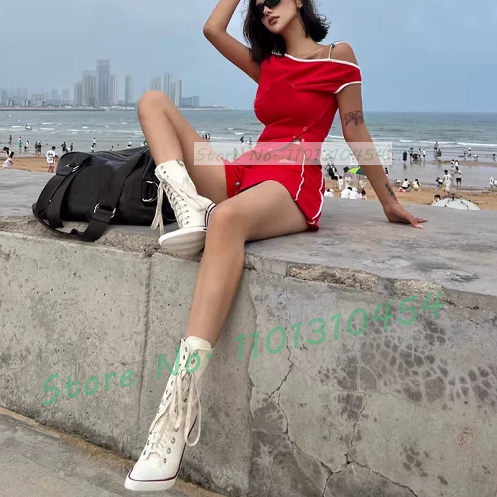 White High Heel Canvas Ankle Boots Women Front Cross-tied Pointy Toe Shoes Side Zipper Sexy Girls Sporty Casual High Top Booties