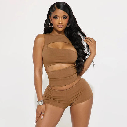 Chic Women Black Round Neck Sleeveless Cut Out Tank Top and Shorts Set for Casual Sexy Party