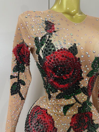 Women Sparkly Diamonds Rose Floral Long Sleeves Floor-Length Dress Eveing Celebrate Birthday Party Nightclub Sexy Stage Costume