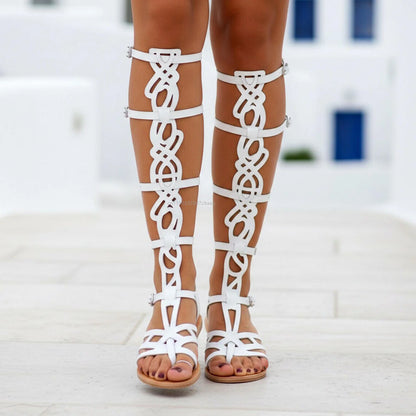 Women Hollow Out Multi Buckle Strap Flat Open Toe Shoes Greek Style Knee High Gladiator Sandals Summer Vacation Festival Sandal