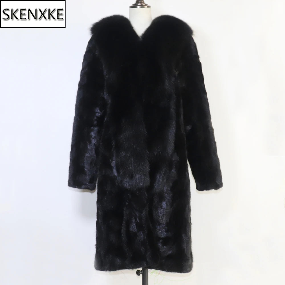 Winter Real Mink Fur Coat With Fox Fur Collar For Women Long Style 100% Genuine Mink Fur Jacket Thick Warm Natural Mink Fur Coat