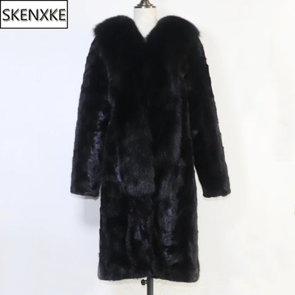 Winter Real Mink Fur Coat With Fox Fur Collar For Women Long Style 100% Genuine Mink Fur Jacket Thick Warm Natural Mink Fur Coat