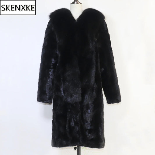 Winter Real Mink Fur Coat With Fox Fur Collar For Women Long Style 100% Genuine Mink Fur Jacket Thick Warm Natural Mink Fur Coat
