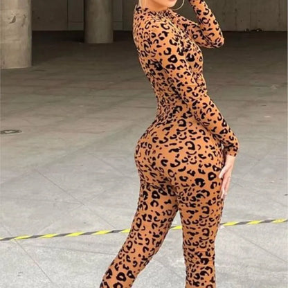 Leopard Print New Women's Jumpsuit Slim Long-sleeved Sexy Flocked See-through Slimming Jumpsuits For Woman Комбинезон Женский