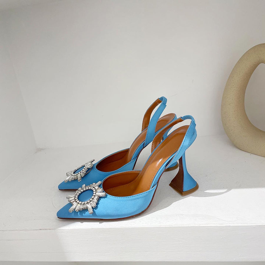 Aneikeh Brand Women Silk High Heels Luxury Crystal Butterfly Knot High Heels Summer Pointed Shoes Triangle Heeled Bride Pumps