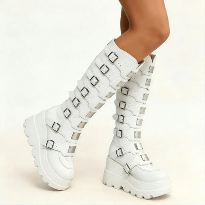 Y2K Style Women's Platform Punk Rock Tall Boots Round-Toe Knee High Gothic Metal Buckles Booties Chunky Heel Zip Motorcycle Wedge Boots