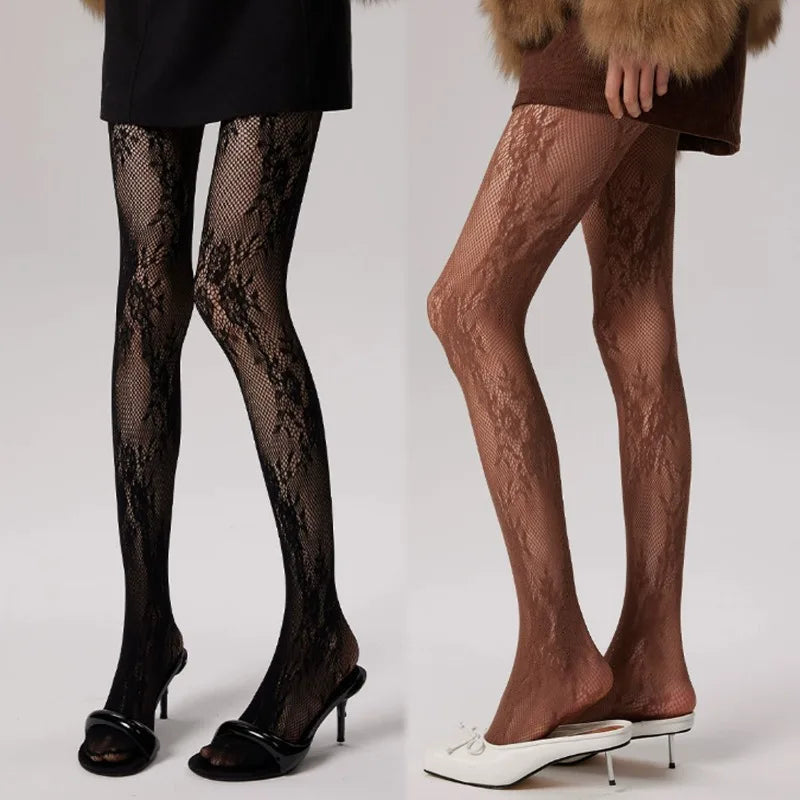 Korean INS Hollowed Lace Mesh Stockings Women Pantyhose Hot Tights Japanese Lolita Retro Floral Rattan Black White Long Socks