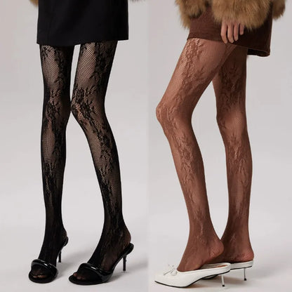 Korean INS Hollowed Lace Mesh Stockings Women Pantyhose Hot Tights Japanese Lolita Retro Floral Rattan Black White Long Socks