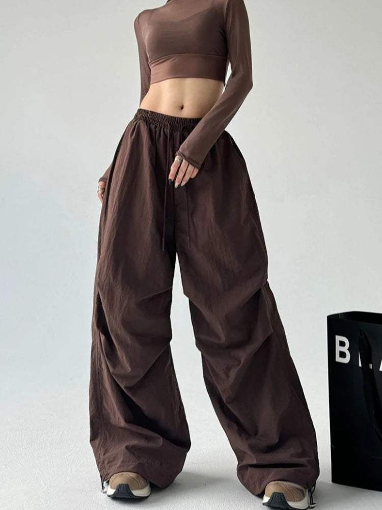 Women's Brown Parachute Pants 2026 Summer New Loose Straight Wide Leg Trousers Casual Quick Dry Cargo Pants Streetwear