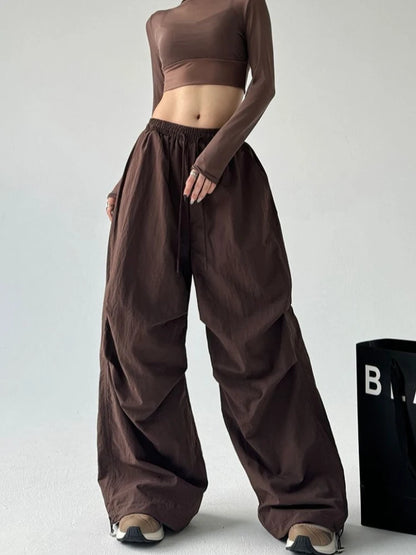 Women's Brown Parachute Pants 2026 Summer New Loose Straight Wide Leg Trousers Casual Quick Dry Cargo Pants Streetwear