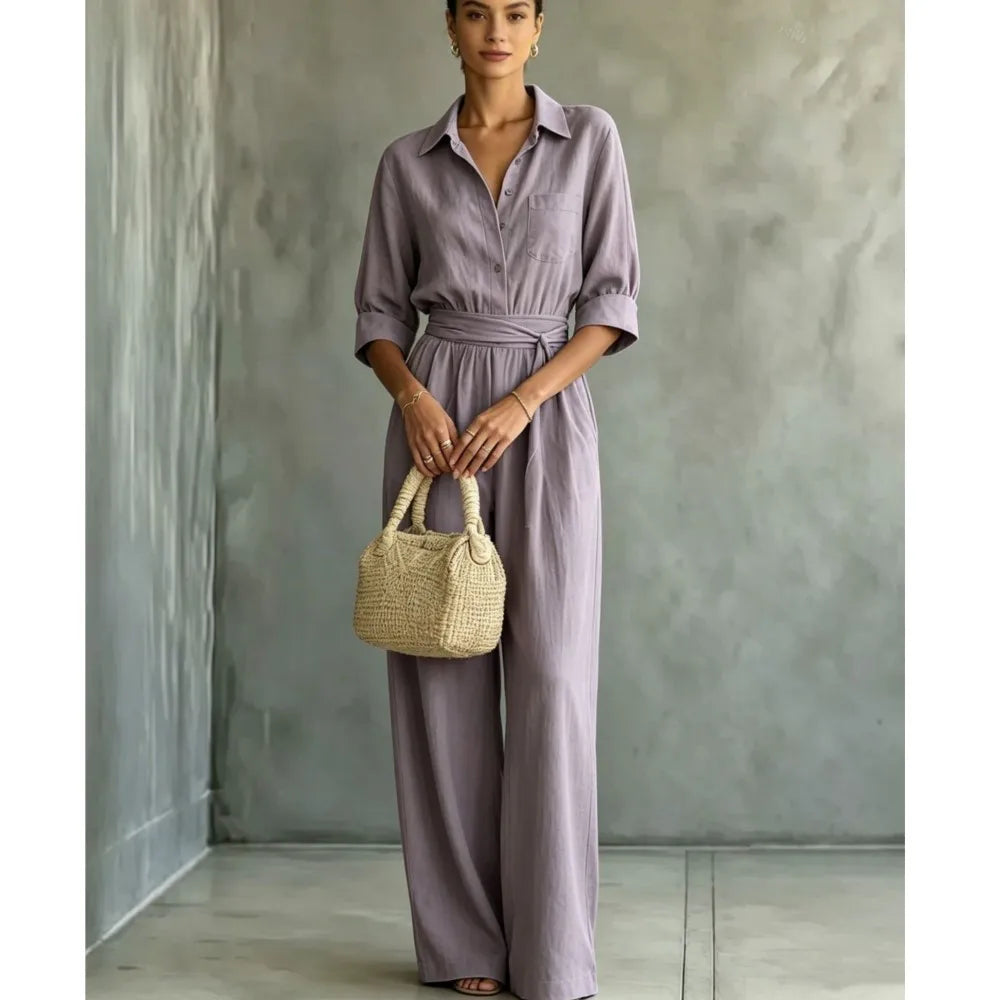 Women's Mid-sleeve Shirts Jumpsuits Spring Summer New 2026 New Fashion Elegant Waisted Lace-up Wide-leg Trousers Female Rompers