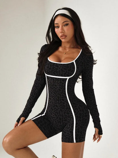 Women's Leopard Print Jumpsuit, Sexy One-Piece Long-Sleeve Bodysuit, Short Jumpsuit for Yoga & Gym, Black Streetwear