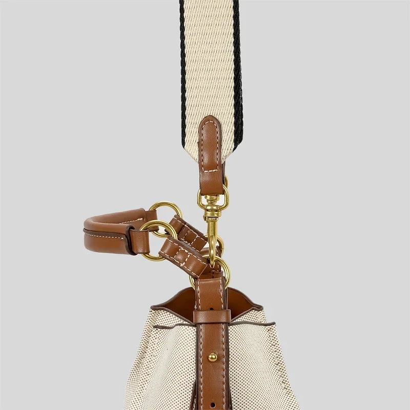 Fashion Panelled Canvas Bucket Bag Designer Women Handbags Luxury Pu Leather Shoulder Crossbody Bags with Wide Strap Tote Purses